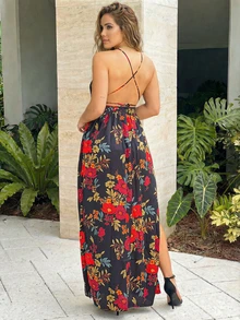 Vestido con abertura alta y estampado floral, estilo vacacional para mujer - Negro - Ver 2