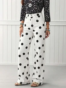 Quần jeans nữ dáng rộng, dài, in chấm bi, chất liệu chun co giãn, đa năng, phù hợp cho mọi mùa, đi nghỉ mát, mùa xuân, màu trắng. - trắng - Xem 1