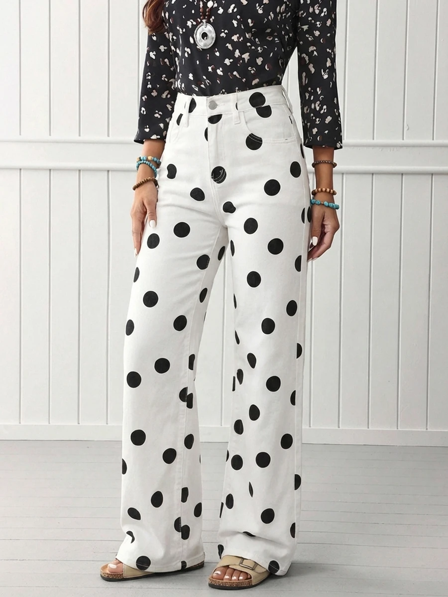 Quần jeans nữ dáng rộng, dài, in chấm bi, chất liệu chun co giãn, đa năng, phù hợp cho mọi mùa, đi nghỉ mát, mùa xuân, màu trắng. - trắng - Xem 1