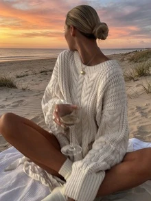 2025 Autumn And Winter Fashion Casual Holiday Beach Women's Long-Sleeved Cable Knit Sweater, Round Neck Loose Fit Back-To-School Fall Women's Knitwear,Christmas New Year - Rice - View 2