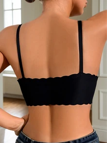 女士无缝文胸无钢圈舒适聚拢文胸性感露背内衣纯色波浪边女式文胸无钢圈吊带背心内衣女士基础款内衣