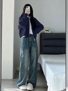 Warm Reversible Zip-Up Cardigan Sweater For Women, Autumn/Winter, Back To School Season - Navy Blue - View 2