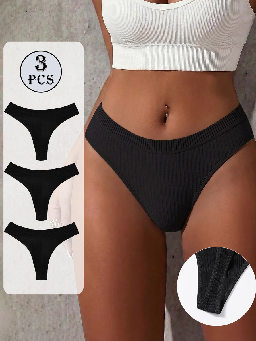 3条装女士性感丁字裤，无痕低腰G字裤柔软内裤 - 黑色 - 查看 1