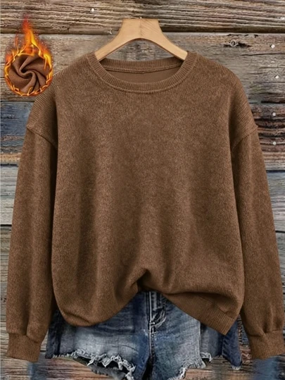 Women's Imitation Sweater Plus Size Women's Regular Length Brown Knitted Fabric Long Sleeve Hoodie Top, High Stretch And Comfortable For Everyday Wear Imitation Sweater