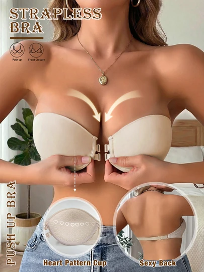 Push Up Bras For Women Front Closure Strapless Underwire Bra Heart Pattern Cup Backless Underwear Non-Slip Tube Top Bralette With Adjustable Straps Summer Lingerie Set Suitable For Dresses