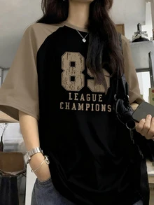 女士夏季休闲Y2K风格简约字母数字印花撞色插肩袖圆领短袖T恤运动衫 - 紫紅色 - 查看 1