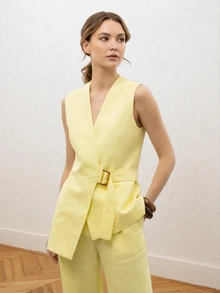 2pcs Elegant Outfit Set, Women Sleeveless V-Neck Tie Waistcoat Top And Loose Pocket Wide Leg Pants Set