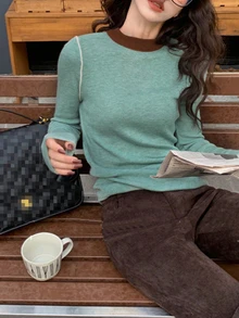 Women's Crew Neck Colorblock Long Sleeve Sweater, Simple Casual, Women Basic Top For Daily, Commuting, Autumn/Winter, Long Sleeve Tops,Modes - Green - View 2