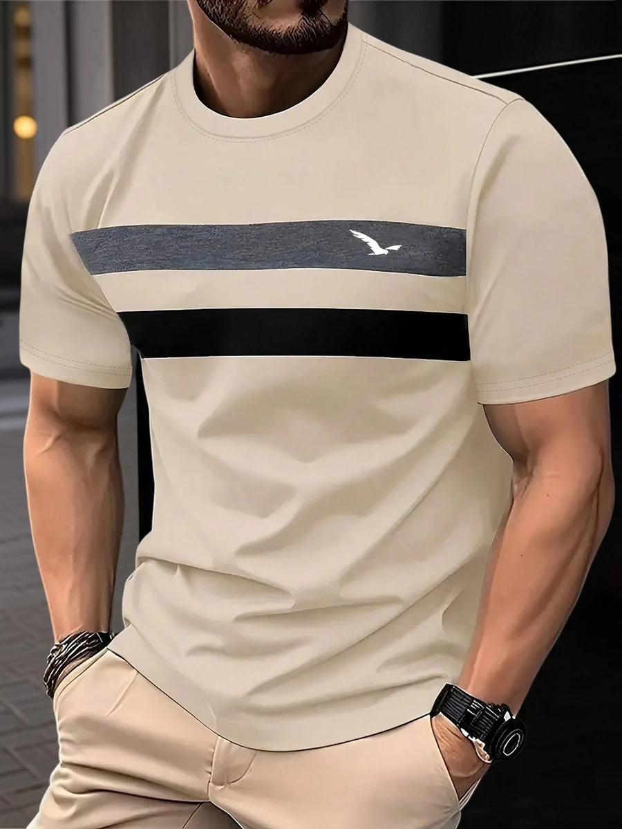 Summer New Contrast Color Business Casual Round Neck Men Short Sleeve T-Shirt - Apricot - View 1