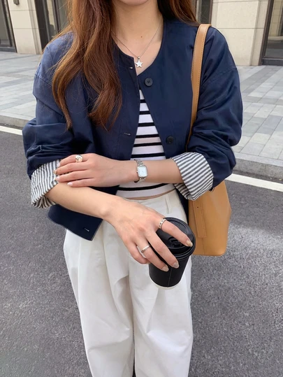 条纹撞色纽扣前开襟休闲宽松街头风女式风衣