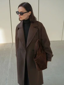 秋冬新款宽松柔软羊毛大衣，女士通勤休闲百搭优雅外套 - 咖啡棕 - 查看 1