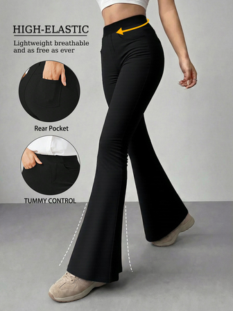 Women Pocket High Waist Slim Wide Leg Pants Seamless Sports Yoga Flared Leggings Gym Butt Lifting Running Training Bootcut Solid Color Sports Pants Full Length Elastic Waistband Pants Stretchy Work Pants Black Round Neck Sports Pants Casual Tights Sports Trousers