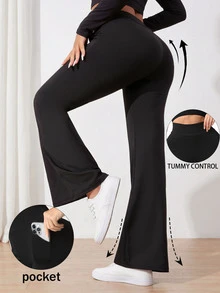 2 件女式口袋瑜伽裤高腰无缝喇叭腿紧身裤健身房收腹高弹透气运动裤户外纯色束腰健身阔腿裤 - 彩色 - 查看 2