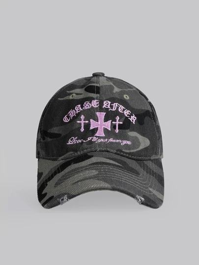 DareSee 1 件复古美国可爱迷彩十字刺绣棒球帽，情侣街头时尚迷彩帽，适合所有比赛，做旧软冠 Snapback，嘻哈弧形帽檐帽