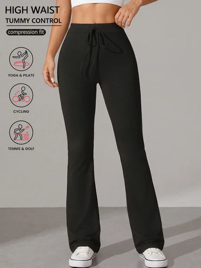 1 st. dambyxor med hög midja och utsvängda yogabyxor, stretchiga och åtsittande, dragsko i midjan, enfärgat tyg, lämpliga för fitness, året runt, vardagliga leggings, löparbyxor med hög midja