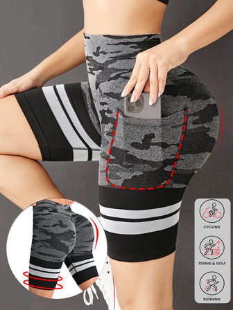 Summer Workout Pocket Sports Leggings Yoga Shorts Women's High Waisted Sports Texture Shorts Gym Sports Hip Lifting Shorts Women Boxer Shorts Outdoor Shorts Women Bicycle Shorts
