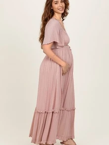 波西米亚风孕妇长裙，休闲短袖，荷叶边下摆，A字梭织面料 - 粉色 - 查看 2