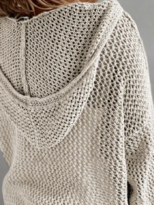 女士镂空连帽套头毛衣，百搭长袖针织衫，新年款 - 米色 - 查看 2