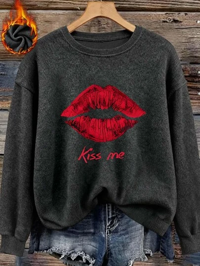 Valentine's Day Women's Imitation Sweater Stylish Plus Size Women's Regular Length Sweatshirt With Knitted Fabric And High Stretch, Long Sleeve Crewneck Featuring A Bold Lip Print Imitation Sweater