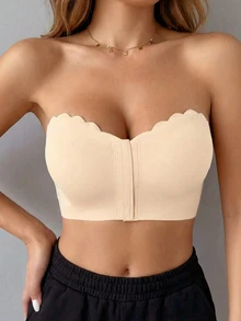 Sexy & Comfortable Front Closure Bandeau Bra, Seamless Ruffle Trim, Strapless, Wireless, Soft Padded Cups, Adjustable Straps, Breathable Fabric, Women's Daily Underwear