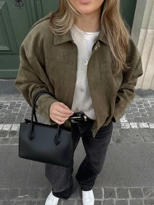 Urban Casual Solid Color Front Zipper Pocket Jacket, Relaxed Long Sleeve Bomber Jacket, Suitable For Spring And Autumn - Mocha Brown - View 2