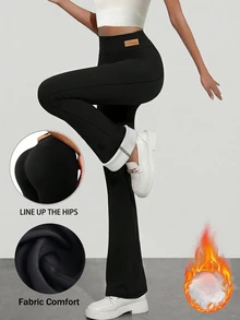 Women High Waist Thermal Flared Leggings Seamless Elastic Waist Slimming Lift Buttocks Wide Leg Pants Gym Yoga Pilates Winter Clothes Casual Pants Tracksuit Set Women,Fleece - Black - View 2