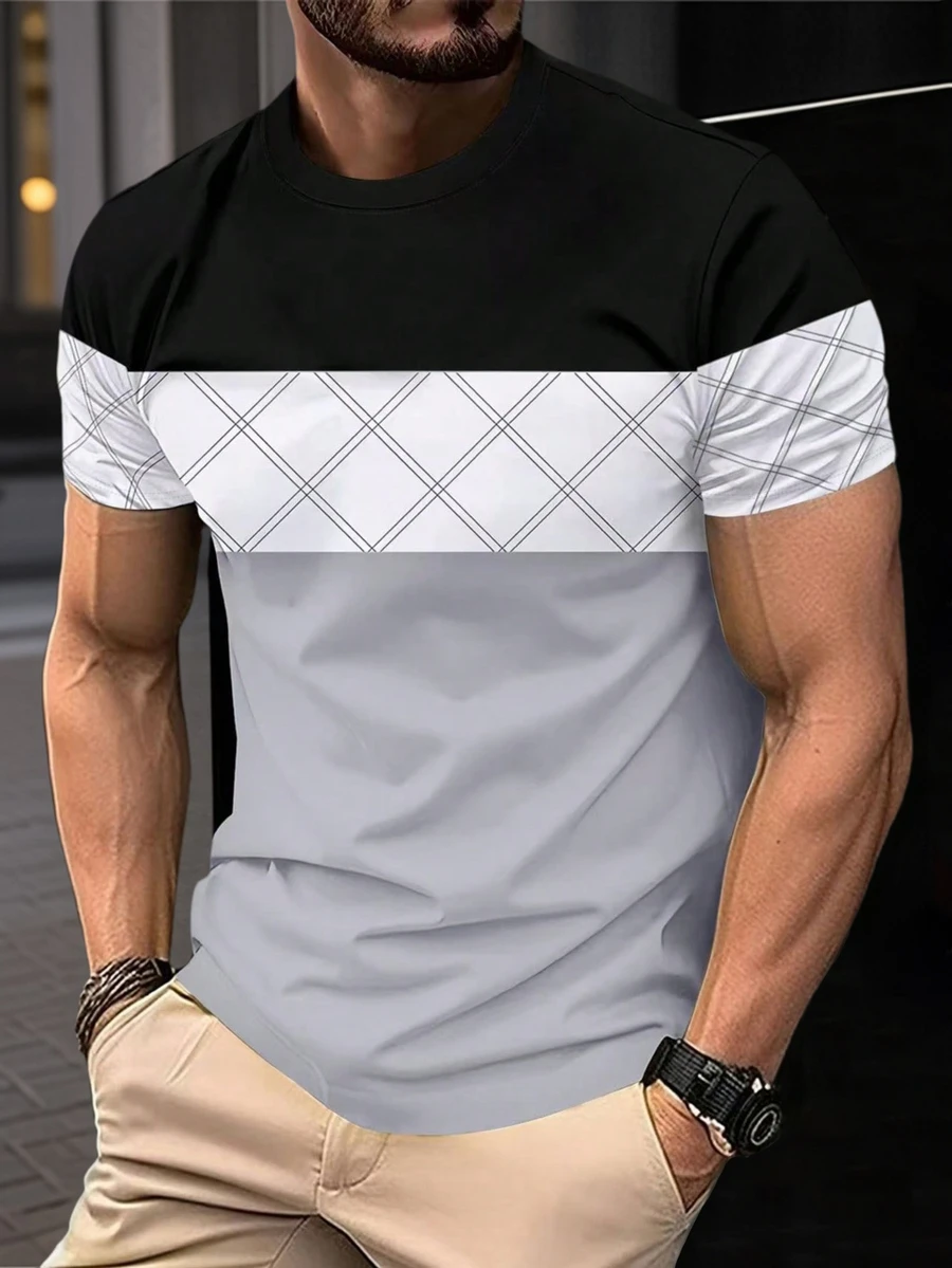Summer New Color Block Business Style Round Neck Men Casual Short Sleeve T-Shirt