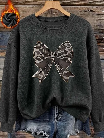 Women's Imitation Sweater Plus Size Women's Long Sleeve Knitted Fabric Regular Sweatshirt With Camo Bow Print Crew Neck Pullover Top High Stretch Imitation Sweater