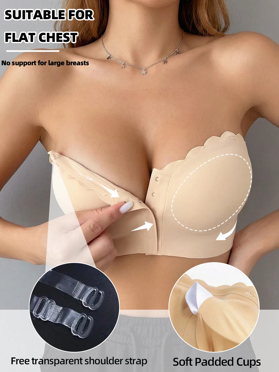 Sexy & Comfortable Front Closure Bandeau Bra, Seamless Ruffle Trim, Strapless, Wireless, Soft Padded Cups, Adjustable Straps, Breathable Fabric, Women's Daily Underwear