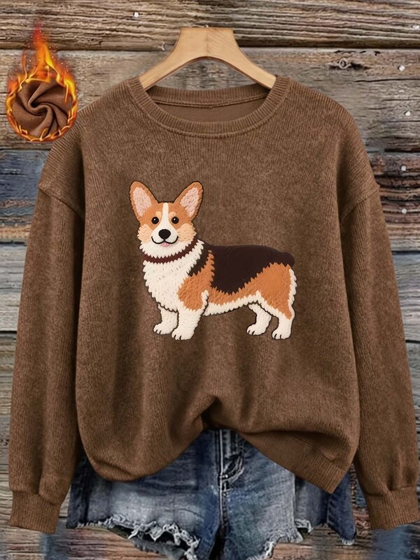 女士仿毛衣，可爱柯基犬图案，加大码长袖针织上衣，常规下摆圆领，舒适仿毛衣