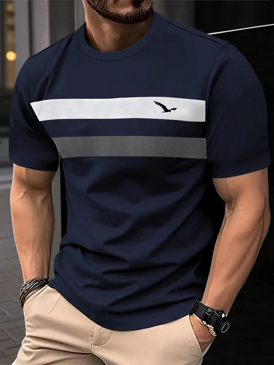 男士休闲撞色圆领短袖 T 恤，夏季 - 藏蓝色 - 查看 1