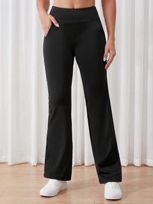 女士夏季运动口袋喇叭裤，高腰阔腿瑜伽裤，无缝收腹透气紧身健身打底裤，户外运动服套装 黑色春季 - 黑色 - 查看 3