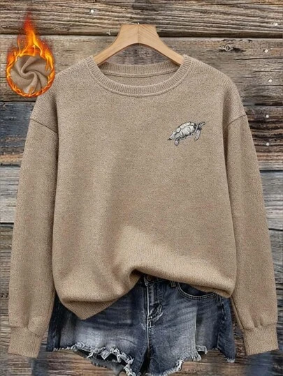 Women's Imitation Sweater Women's Plus Size Long Sleeve Knit Sweater With Turtle Graphic, Round Neck And High Stretch For Comfortable Wear Imitation Sweater