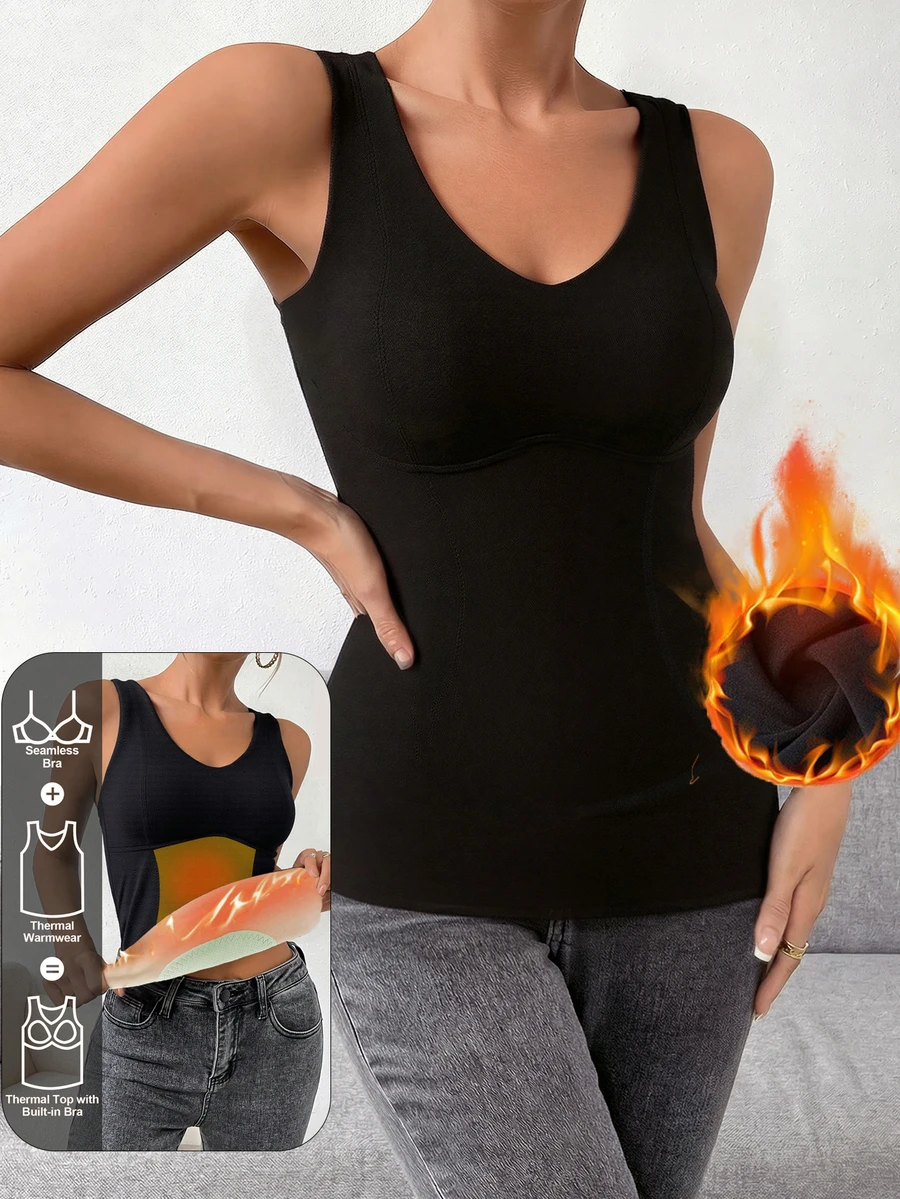 Women'S Thermal Vest Tummy Control Waist Sliimmer Bra Thickened Warmth Solid Color Knitted Fabric Shapewear Top For Autumn Winter