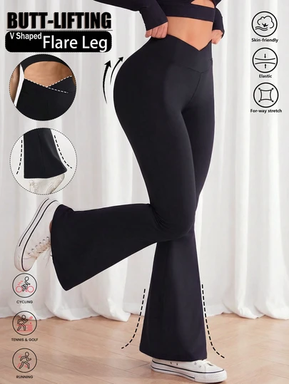 女士V字交叉腰带瑜伽喇叭紧身裤无缝高腰修身阔腿裤健身房提臀跑步训练喇叭裤纯色运动裤弹力工作裤黑色圆领运动裤休闲紧身裤运动长裤