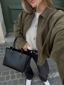 Urban Casual Solid Color Front Zipper Pocket Jacket, Relaxed Long Sleeve Bomber Jacket, Suitable For Spring And Autumn - Mocha Brown - View 1