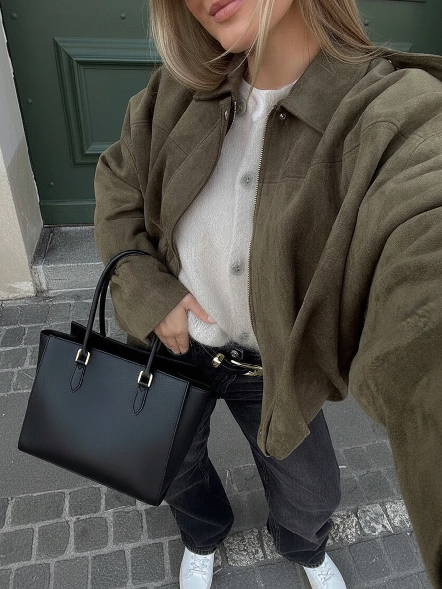 Urban Casual Solid Color Front Zipper Pocket Jacket, Relaxed Long Sleeve Bomber Jacket, Suitable For Spring And Autumn - Mocha Brown - View 1
