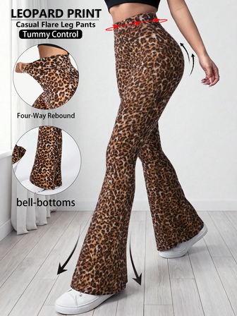 Women Leopard Pattern Slim Fit Flared Pants High Waist Seamless Wide Leg Leopard Print Sports Trousers Gym Yoga Lift Buttocks Exercise Leggings Breathable Comfort Suitable For Daily Leisure Activities Such As Dancing And Yoga Four Seasons Daily Women's Clothing