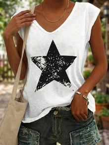 Summer V-Neck Star Print Batwing Sleeve Casual Beach T-Shirt White - White - View 2