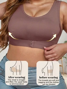 Plus Size Women Sports Bra, Front Closure Full Coverage Yoga Fitness Vest, Wireless Padless, Breathable Comfortable Fitted Running Top