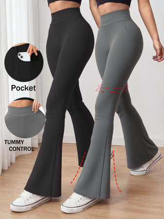 2 piezas Pantalones de yoga para mujer con bolsillo, cintura alta, sin costuras, pierna acampanada, control de abdomen, altamente elásticos y transpirables, pantalones deportivos sólidos para tonificación de la cintura, fitness, pierna ancha