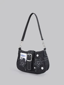 DareSee 2025新款女士星形牛仔布手提包 - 单肩腋下包，复古纽扣装饰，链条斜挎包，音乐节 - 黑色 - 查看 2