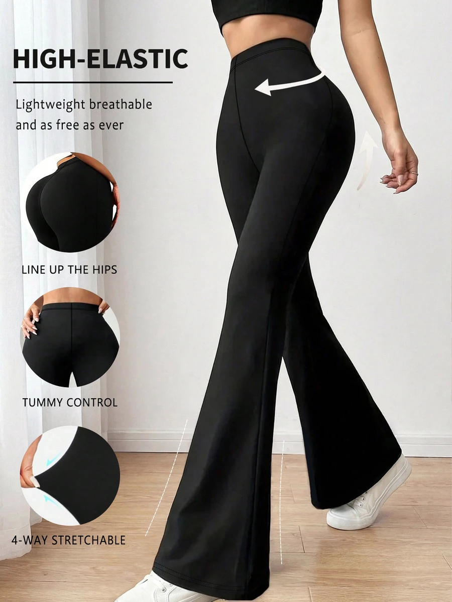 Plus-Size Women's High-Waisted Solid Color Flared Leggings – Slim-Fit Yoga Pants With Slimming Effect For Running, Gym & Daily Workouts - Black - View 1