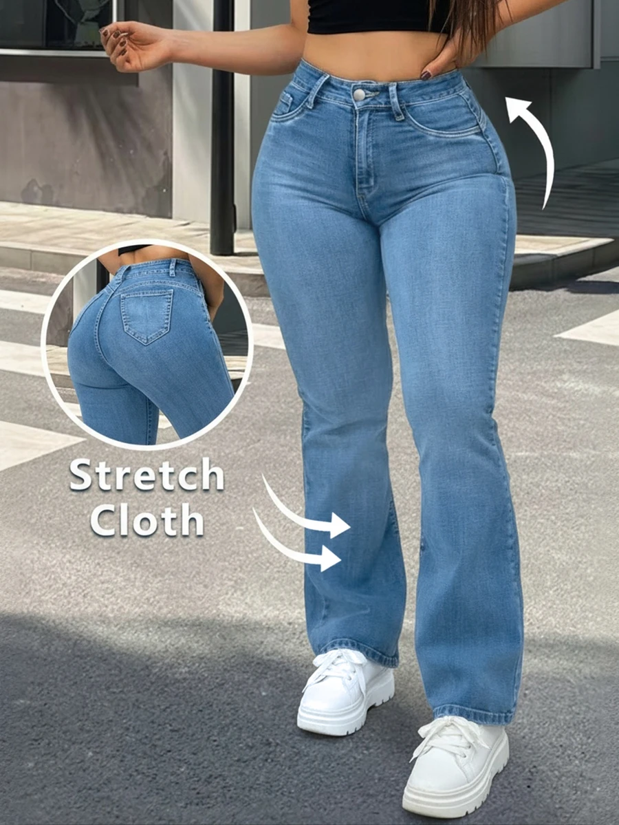 Women's Denim Jeans, Plus Size Denim Jeans, High Waist Denim Jeans, Lifting Waist Denim Jeans, Blue Stretch Denim Jeans, Casual Minimalist Style, Slim Fit Denim Jeans, Flare Leg Denim Jeans, Spring, Summer