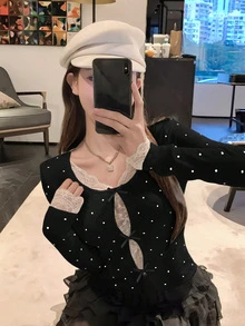 女款休閒圓領蕾絲拼接波點針織毛衣，附蝴蝶結，可愛性感長袖套頭衫，秋冬黑色 - 黑色 - 查看 2