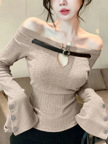 女士迷人镂空露肩灰色毛衣，秋冬 - 卡其色 - 查看 1