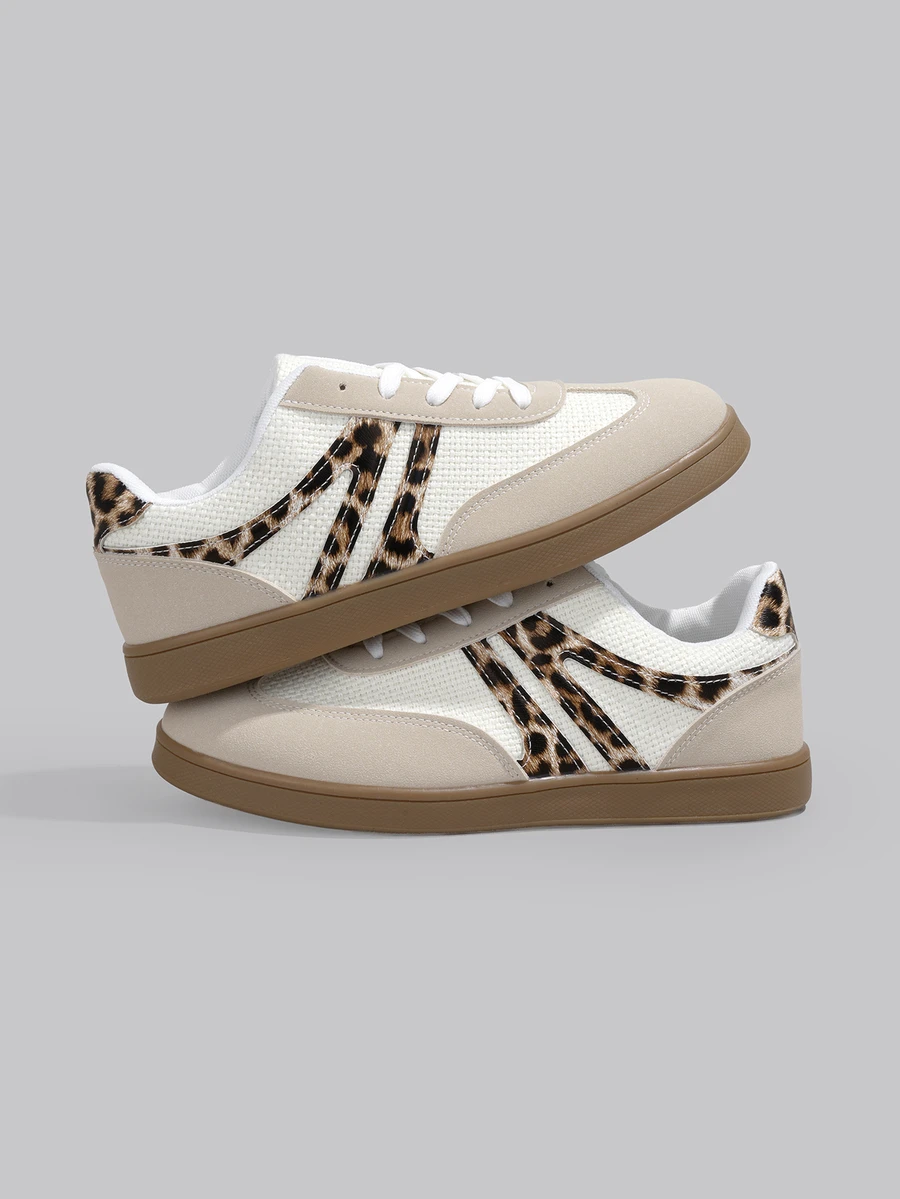 DareSee 女士时尚户外多功能平底运动鞋，运动拼接几何图案系带休闲鞋，秋季音乐节 - 米色 - 查看 1