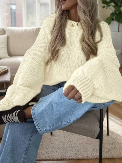 Women's Spring And Autumn Knitted Round Neck Long Sleeve Sweater Solid Color Versatile Casual Style Back To School Season Wear To School Commuting Wear Daily Wear Comfortable Soft Cream Yellow Girl Gentle Style Easy To Match Simple Sweater Style