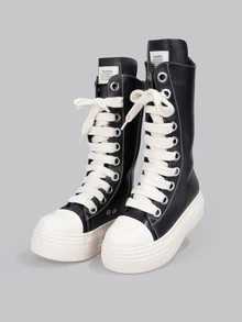 DareSee Classic Black Mid Boots Women Platform Sports Shoes Casual Cross Tied Short Boots Sneakers Platform Flat Long Sneakers For Woman Rock Funky Shoes Music Fest - Black - View 3