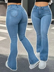 Women's Denim Jeans, Plus Size Denim Jeans, High Waist Denim Jeans, Lifting Waist Denim Jeans, Blue Stretch Denim Jeans, Casual Minimalist Style, Slim Fit Denim Jeans, Flare Leg Denim Jeans, Spring, Summer - Blue - View 3